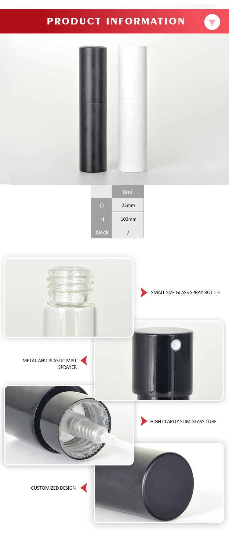 ขวดพรีเมี่ยม Atomizer สีดำและสีขาวขนาด 8 มล. พร้อมหลอดแก้วโลหะเพรียวบางและหัวพ่นหมอกพลาสติก